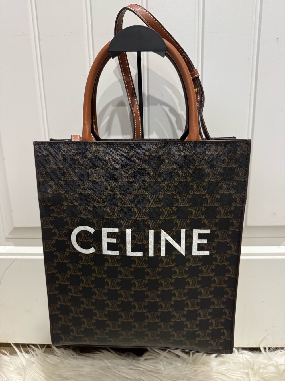 Celine Brown Monogram Shopper Tote with Tan Handles